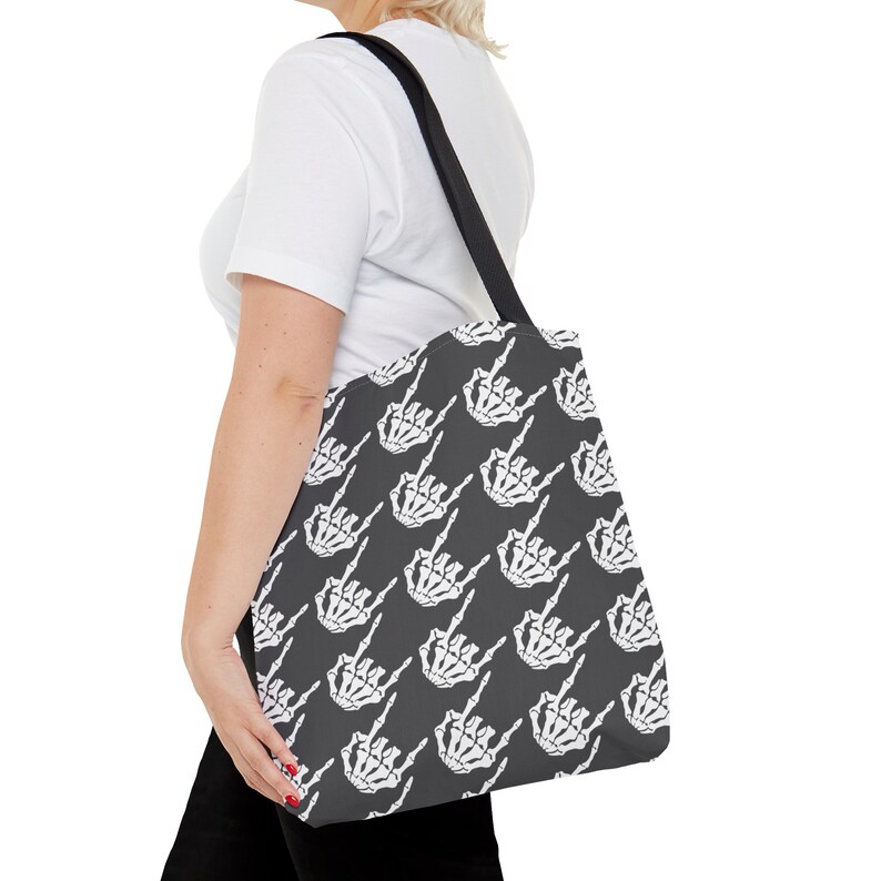 Skeleton rock hands Houndstooth Tote Bag, Rock and roll tote bag, Skeleton hands tote, edgy reusable shopping bag, goth tote bag, Halloween image 7