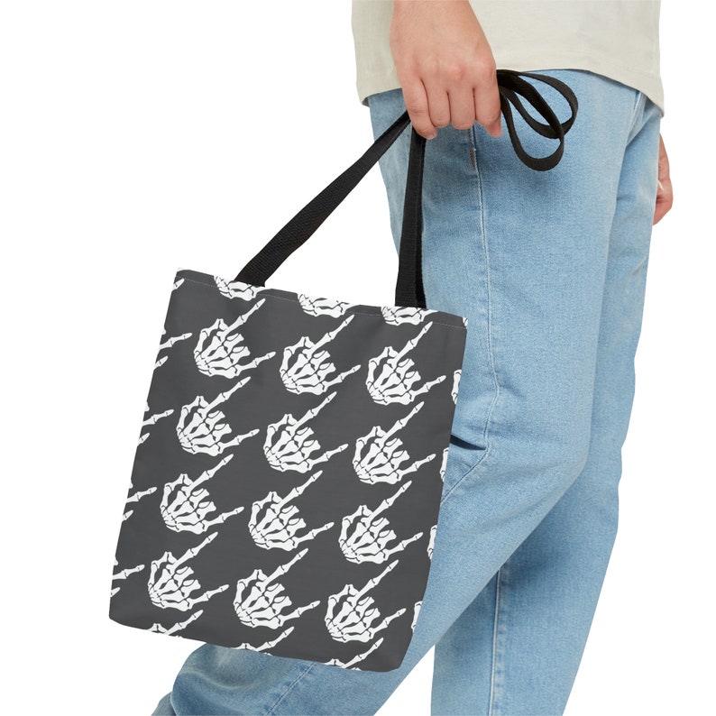 Skeleton rock hands Houndstooth Tote Bag, Rock and roll tote bag, Skeleton hands tote, edgy reusable shopping bag, goth tote bag, Halloween image 5