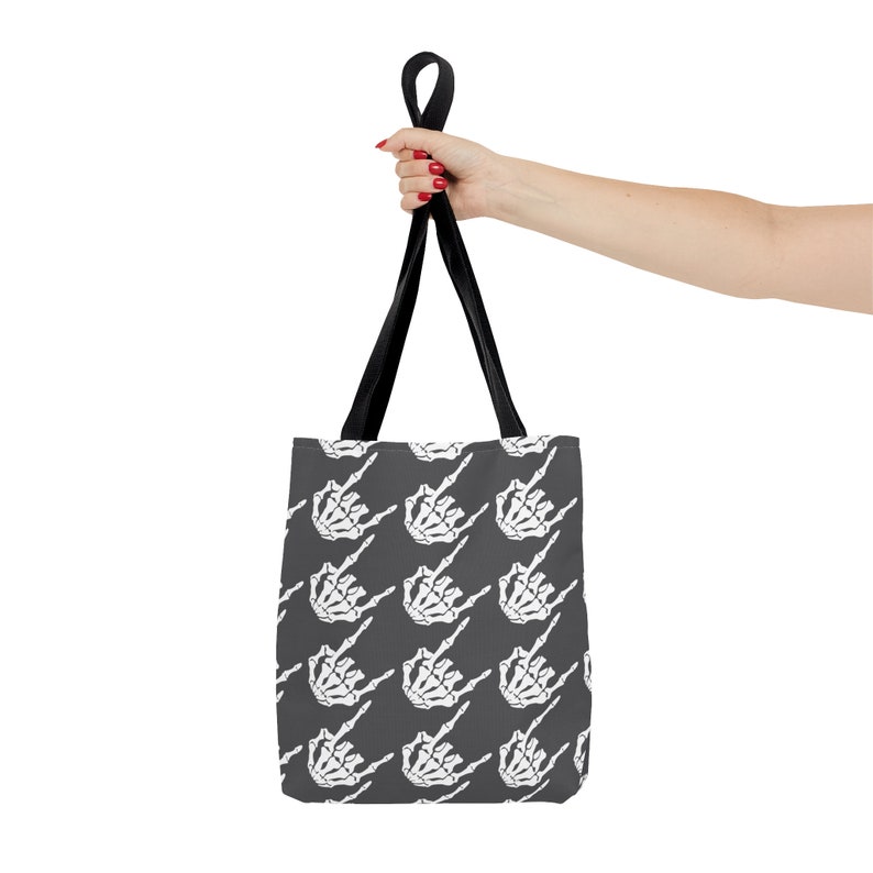 Skeleton rock hands Houndstooth Tote Bag, Rock and roll tote bag, Skeleton hands tote, edgy reusable shopping bag, goth tote bag, Halloween image 6