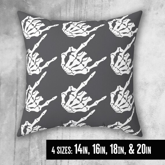 Skeleton Rock Hands Houndstooth Throw Pillow, Indoor Rock and roll throw pillow, Halloween pillow, Goth decor pillow, Gray and White pillow