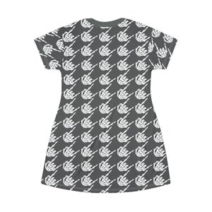Women's Skeleton Rock Hands Houndstooth T-Shirt Dress, Women's rock and roll t-shirt dress, Skeleton hands, goth t-shirt dress, Halloween image 3