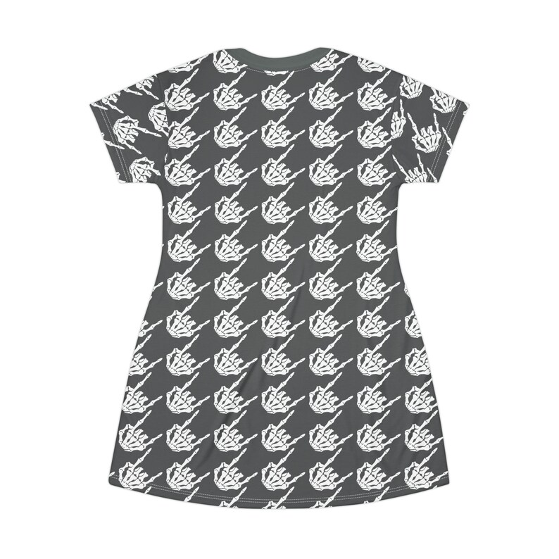 Women's Skeleton Rock Hands Houndstooth T-Shirt Dress, Women's rock and roll t-shirt dress, Skeleton hands, goth t-shirt dress, Halloween image 3