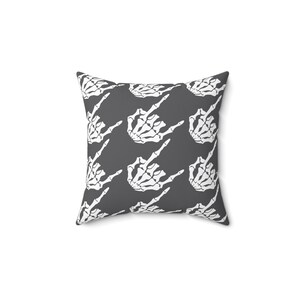 Skeleton Rock Hands Houndstooth Throw Pillow, Indoor Rock and roll throw pillow, Halloween pillow, Goth decor pillow, Gray and White pillow image 9