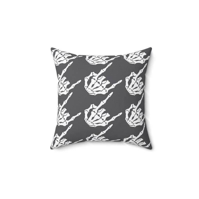 Skeleton Rock Hands Houndstooth Throw Pillow, Indoor Rock and roll throw pillow, Halloween pillow, Goth decor pillow, Gray and White pillow image 9