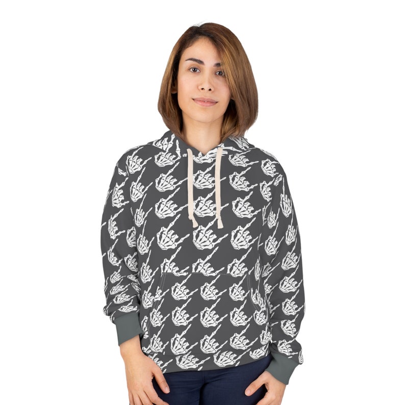 Rock hands houndstooth print Adult Hoodie, Men's skeleton hands hoodie, Women's skeleton hands hoodie, Halloween hoodie, skeleton sweater image 3