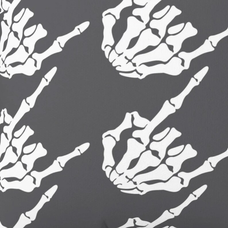 May include: A seamless pattern featuring white skeleton hands making the rock and roll hand gesture on a dark gray background.