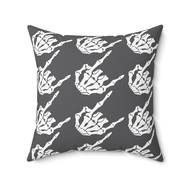 Skeleton Rock Hands Houndstooth Throw Pillow, Indoor Rock and roll throw pillow, Halloween pillow, Goth decor pillow, Gray and White pillow image 10