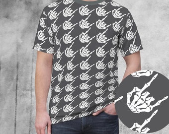 Skeleton rock hands houndstooth t-shirt, Men's rock hands t-shirt, Women's rock hand t-shirt, Halloween skeleton rock hands print t-shirt