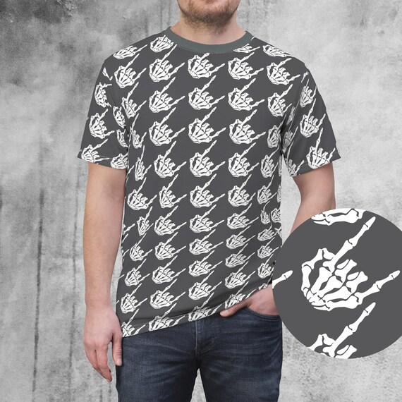 Skeleton rock hands houndstooth t-shirt, Men's rock hands t-shirt, Women's rock hand t-shirt, Halloween skeleton rock hands print t-shirt
