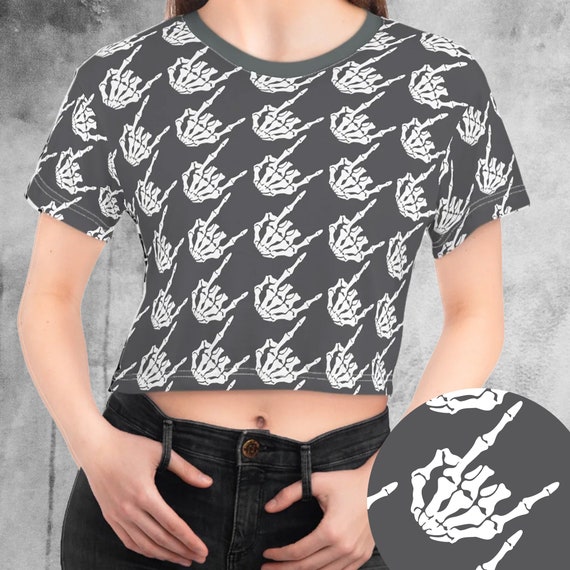 Skeleton Rock Hands Houndstooth Crop Tee, Rock and roll women's t-shirt, fun Halloween shirt, Goth Crop tshirt, Rock n roll cropped shirt