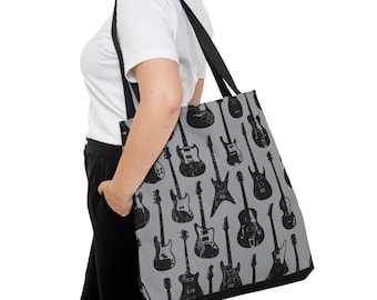 Guitar Tote Bag, Electric Guitars, Bass Guitars, Concert Tote, Rock and roll edgy tote bag, gray and black grunge, Music gift, Musician gift