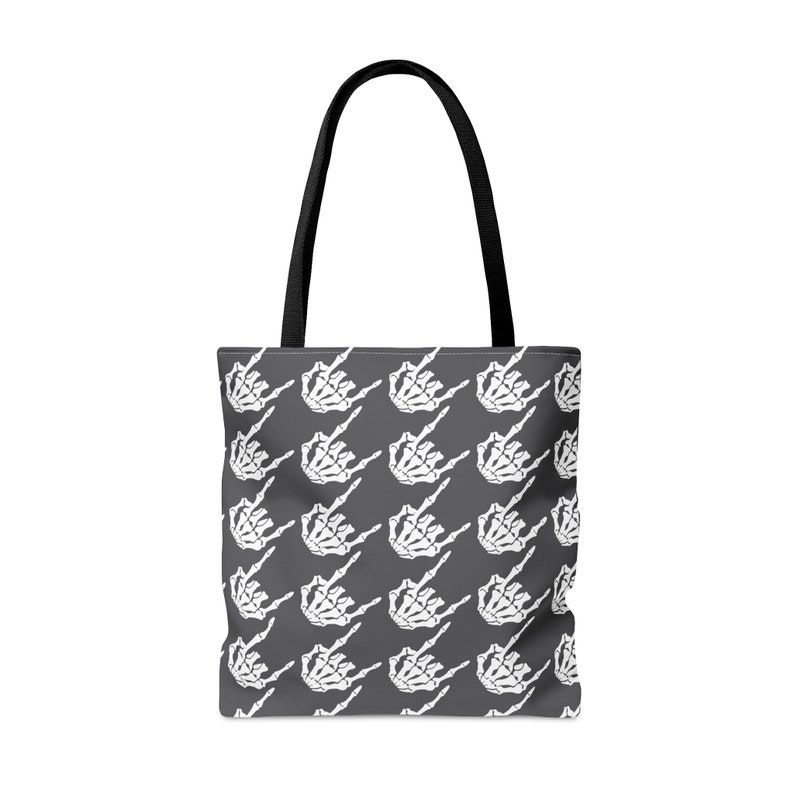 Skeleton rock hands Houndstooth Tote Bag, Rock and roll tote bag, Skeleton hands tote, edgy reusable shopping bag, goth tote bag, Halloween image 3