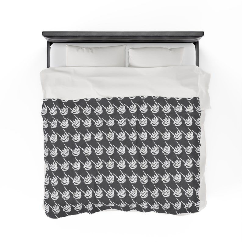 Skeleton Rock Hands Houndstooth Blanket, Velveteen Plush Blanket, Halloween blanket, Goth decor blanket, Edgy rock and roll blanket image 10