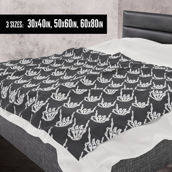 Skeleton Rock Hands Houndstooth Blanket, Velveteen Plush Blanket, Halloween blanket, Goth decor blanket, Edgy rock and roll blanket