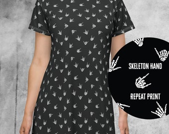 Women's Skeleton Hands Allover Print T-Shirt Dress, Women's rock and roll t-shirt dress, Bones print, goth t-shirt dress, emo, punk rock