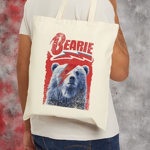 Ziggy stardust bear Cotton Canvas Tote Bag, Funny retro 80s vintage inspired david bowie tote bag, Music lovers reusable shopping bag
