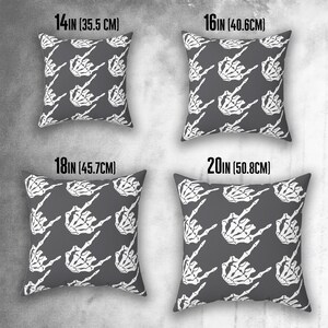 Skeleton Rock Hands Houndstooth Throw Pillow, Indoor Rock and roll throw pillow, Halloween pillow, Goth decor pillow, Gray and White pillow image 7