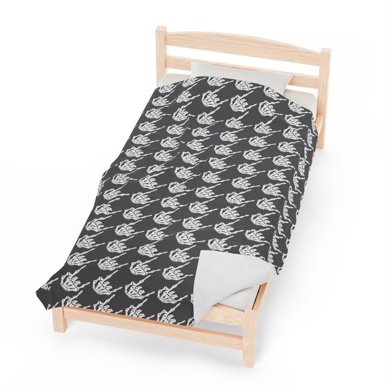 Skeleton Rock Hands Houndstooth Blanket, Velveteen Plush Blanket, Halloween blanket, Goth decor blanket, Edgy rock and roll blanket image 8