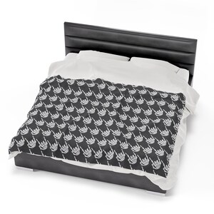 Skeleton Rock Hands Houndstooth Blanket, Velveteen Plush Blanket, Halloween blanket, Goth decor blanket, Edgy rock and roll blanket image 9