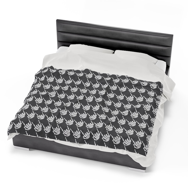 Skeleton Rock Hands Houndstooth Blanket, Velveteen Plush Blanket, Halloween blanket, Goth decor blanket, Edgy rock and roll blanket image 9