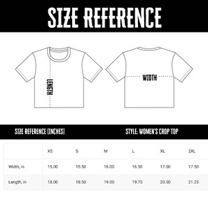 May include: Size chart for a women's crop top in sizes XS to 2XL. The chart shows the width and length measurements in inches.