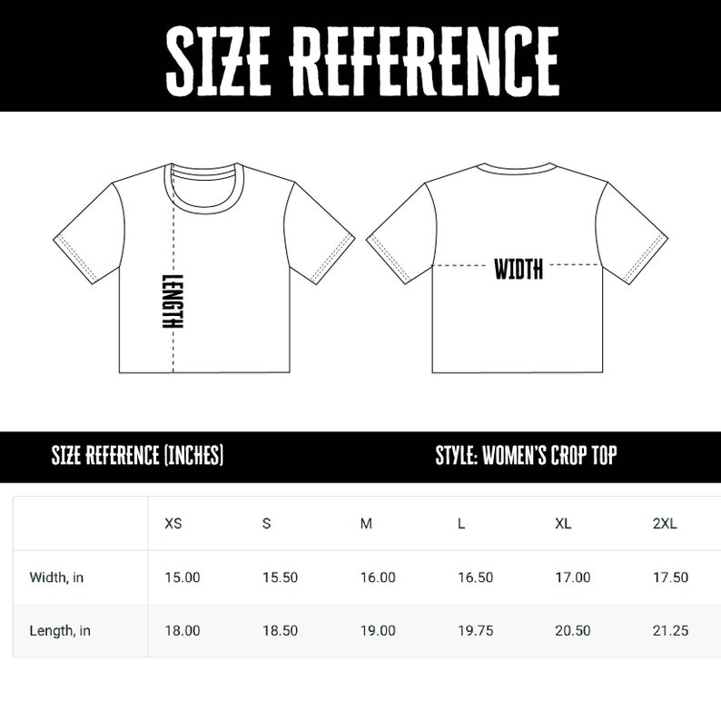 May include: Size chart for a women's crop top in sizes XS to 2XL. The chart shows the width and length measurements in inches.
