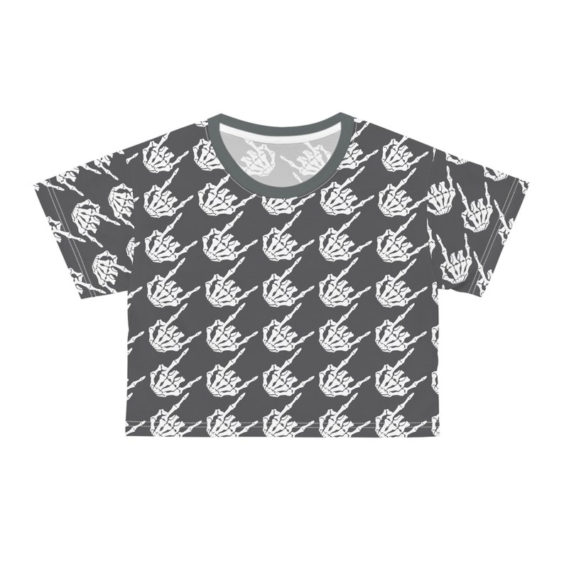 Skeleton Rock Hands Houndstooth Crop Tee, Rock and roll women's t-shirt, fun Halloween shirt, Goth Crop tshirt, Rock n roll cropped shirt image 2