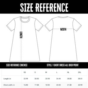 May include: Size chart for a t-shirt dress with measurements in inches for XS, S, M, L, XL, and 2XL sizes. The chart shows the length and chest width of the dress in inches.