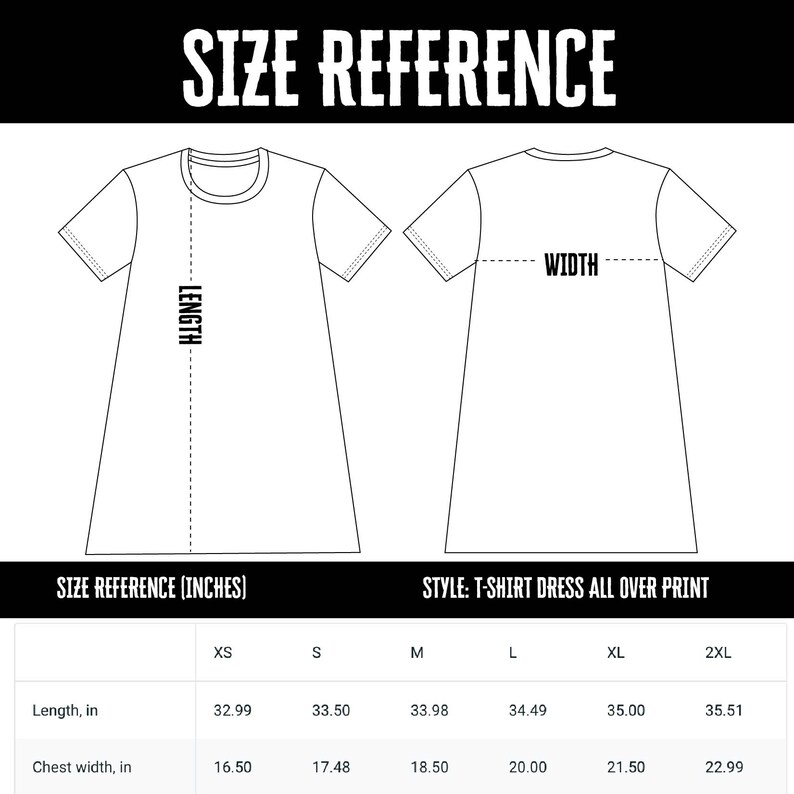 May include: Size chart for a t-shirt dress with measurements in inches for XS, S, M, L, XL, and 2XL sizes. The chart shows the length and chest width of the dress in inches.