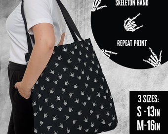 Skeleton hands Tote Bag, Rock and roll hands tote bag, Hang loose skeleton hands tote, edgy reusable shopping bag, goth tote bag, Halloween