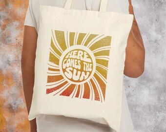 Here comes the sun Cotton Canvas Tote Bag, Sunshine tote, happy shopping bag, music lovers reusable tote, 60s mod style, Beatles fan giftbag