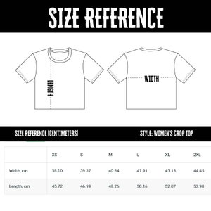 May include: Size chart for a women's crop top, showing measurements in centimeters for width and length. Sizes include XS, S, M, L, XL, and 2XL.