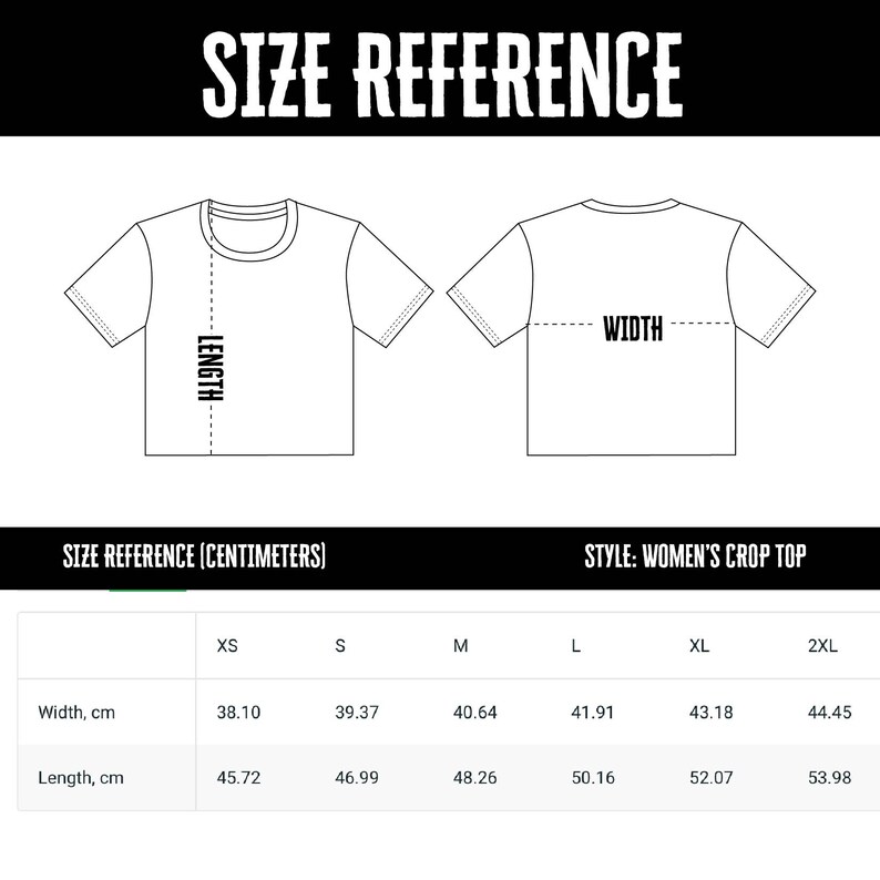 May include: Size chart for a women's crop top, showing measurements in centimeters for width and length. Sizes include XS, S, M, L, XL, and 2XL.