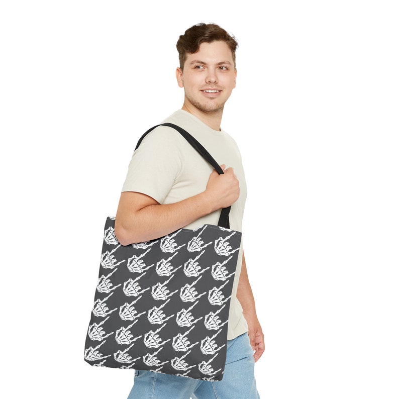 Skeleton rock hands Houndstooth Tote Bag, Rock and roll tote bag, Skeleton hands tote, edgy reusable shopping bag, goth tote bag, Halloween image 4
