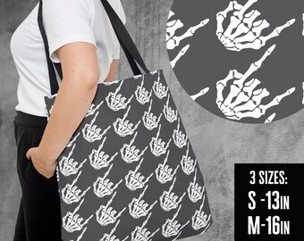 Skeleton rock hands Houndstooth Tote Bag, Rock and roll tote bag, Skeleton hands tote, edgy reusable shopping bag, goth tote bag, Halloween