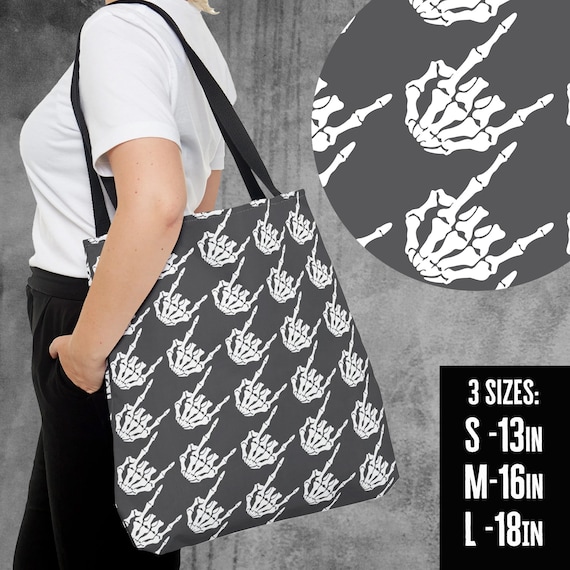 Skeleton rock hands Houndstooth Tote Bag, Rock and roll tote bag, Skeleton hands tote, edgy reusable shopping bag, goth tote bag, Halloween