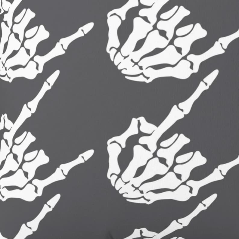 May include: A seamless pattern featuring white skeleton hands making the rock and roll hand gesture on a dark gray background.