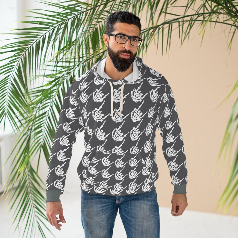 Rock hands houndstooth print Adult Hoodie, Men's skeleton hands hoodie, Women's skeleton hands hoodie, Halloween hoodie, skeleton sweater image 6
