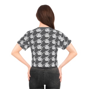 Skeleton Rock Hands Houndstooth Crop Tee, Rock and roll women's t-shirt, fun Halloween shirt, Goth Crop tshirt, Rock n roll cropped shirt image 4
