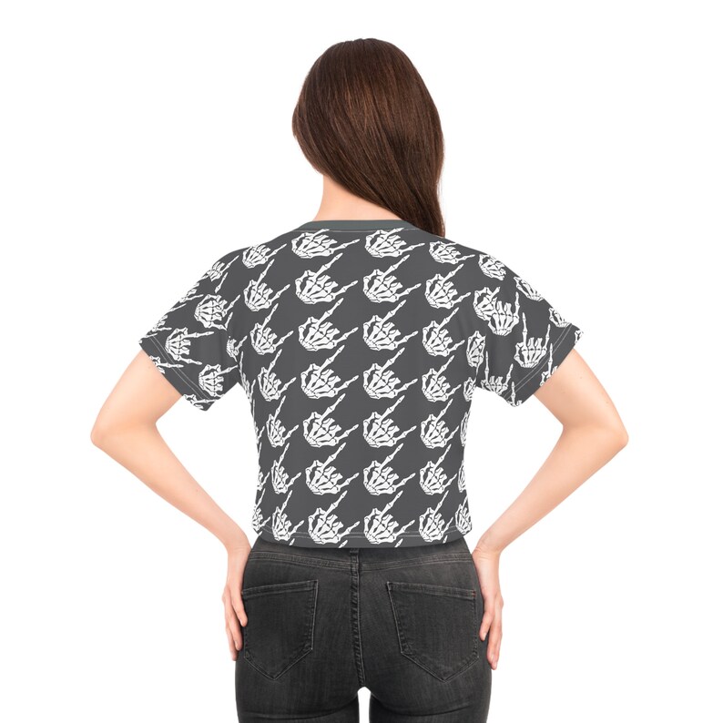 Skeleton Rock Hands Houndstooth Crop Tee, Rock and roll women's t-shirt, fun Halloween shirt, Goth Crop tshirt, Rock n roll cropped shirt image 4