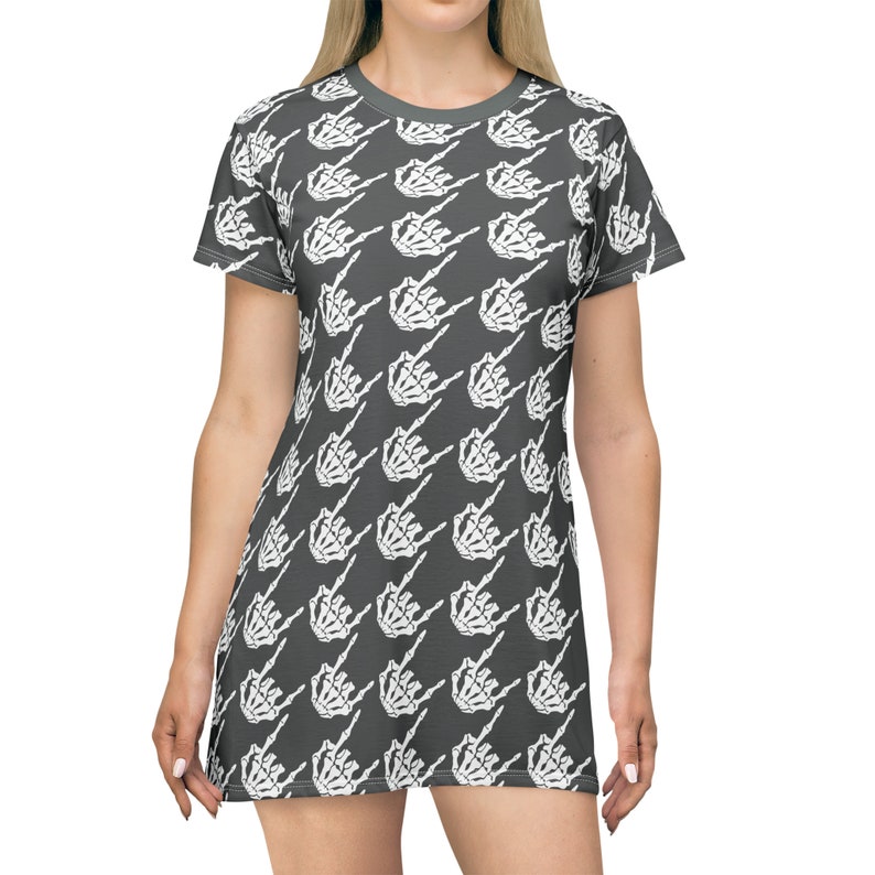 Women's Skeleton Rock Hands Houndstooth T-Shirt Dress, Women's rock and roll t-shirt dress, Skeleton hands, goth t-shirt dress, Halloween image 4