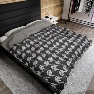 Skeleton Rock Hands Houndstooth Blanket, Velveteen Plush Blanket, Halloween blanket, Goth decor blanket, Edgy rock and roll blanket image 3