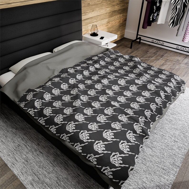 Skeleton Rock Hands Houndstooth Blanket, Velveteen Plush Blanket, Halloween blanket, Goth decor blanket, Edgy rock and roll blanket image 3