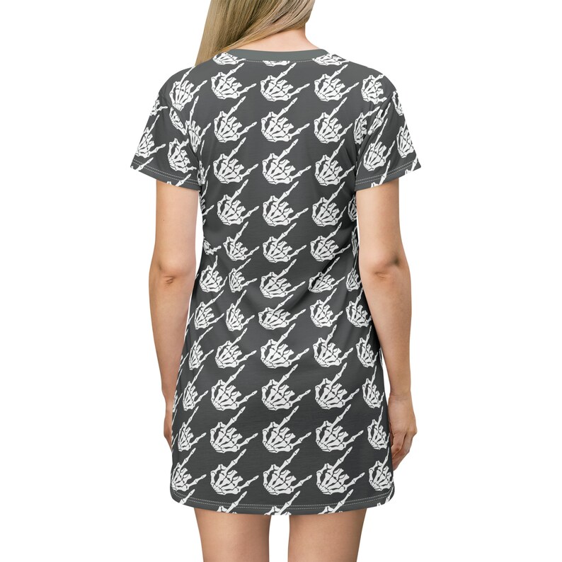 Women's Skeleton Rock Hands Houndstooth T-Shirt Dress, Women's rock and roll t-shirt dress, Skeleton hands, goth t-shirt dress, Halloween image 5