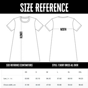 May include: Size chart for a t-shirt dress with measurements in inches and centimeters. The chart shows the length and chest width for sizes XS, S, M, L, XL, and 2XL.