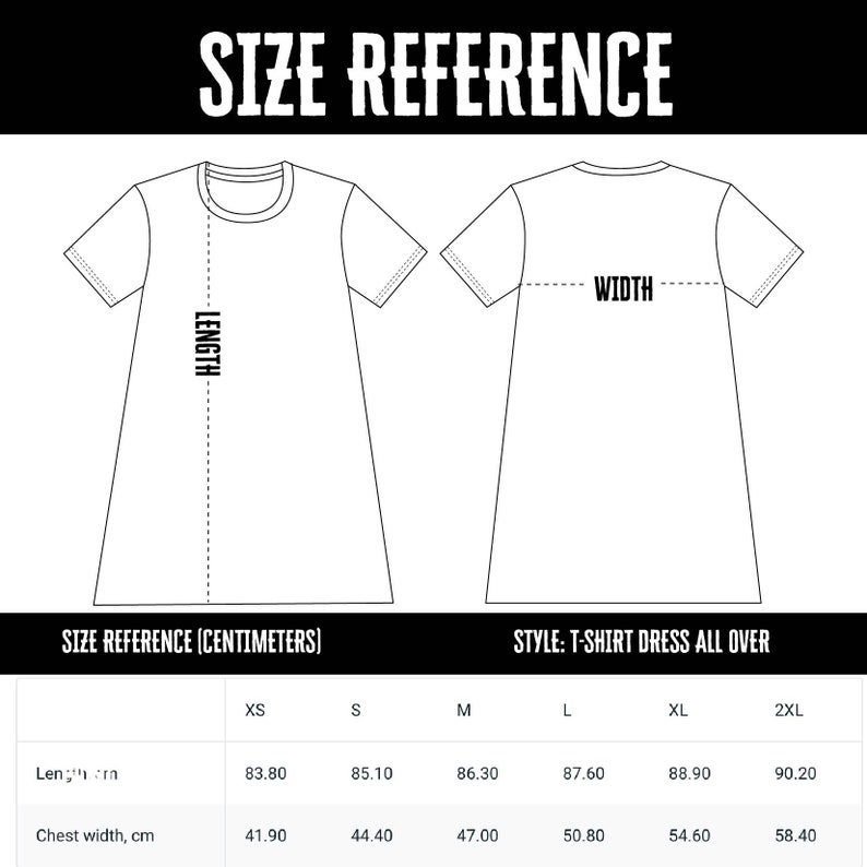 May include: Size chart for a t-shirt dress with measurements in inches and centimeters. The chart shows the length and chest width for sizes XS, S, M, L, XL, and 2XL.