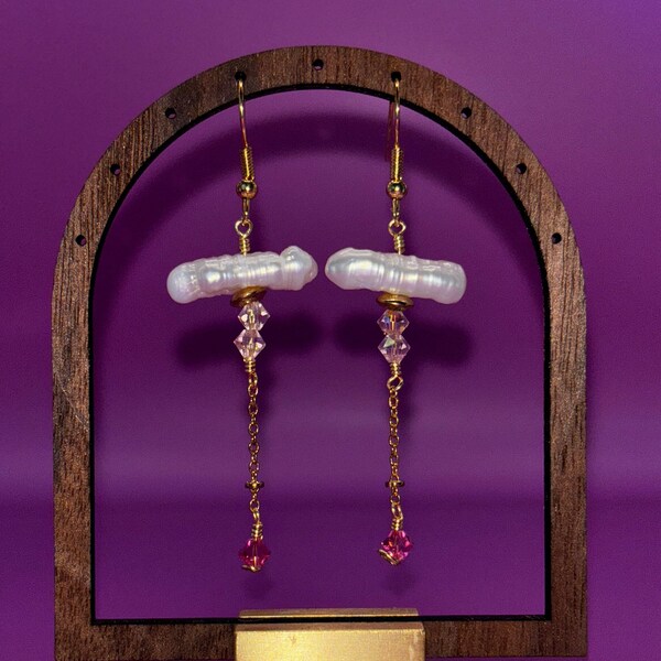 Handmade Dangle Earrings with Freshwater Pearls and Pink Crystals