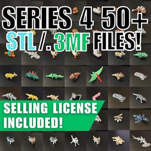May include: A collection of over 50 3D printable models, including animals, insects, and mythical creatures. The models are available in STL and 3MF file formats. The image includes the text "SERIES 4 50+ STL/.3MF FILES!" and "SELLING LICENSE INCLUDED!"