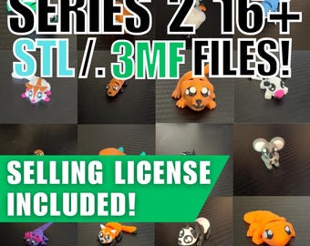 May include: A grid of colorful 3D-printed animal figurines, including a dog, koala, and panda. The image features the text "SERIES 2 16+ STL/.3MF FILES!" and "SELLING LICENSE INCLUDED!" in bold, white and green fonts.