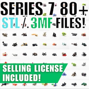 May include: An image showcasing a collection of 3D-printed animal figurines. The image features a grid of various animal models, including a rabbit, a panda, and a worm. The text "SERIES 7 80+ STL/.3MF FILES! SELLING LICENSE INCLUDED!" is displayed in the image.